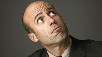 Bald man looking up with questioning expression. Great for doubt, consideration, and decision moments.
