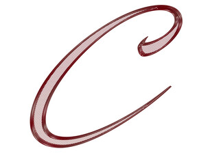 Red, ornate, metal 3D letter with metal mesh inside.

