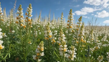A field of kidney vetch in full bloom with clusters of small white flowers against a blue sky , Anthyllis vulneraria,