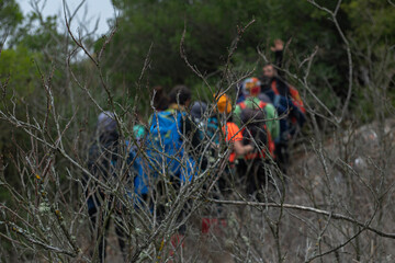 Groups trekking through the forest in autumn. People walking on green land. Mountaineering in Turkey. People trekking on the Artemea road. Balıkesir, Türkiye.