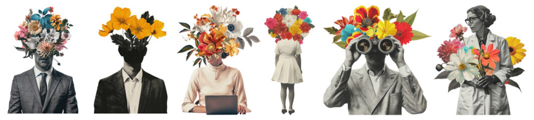 Vintage people flower collage png cut out element set, transparent background