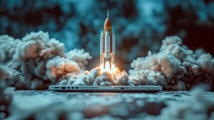 Startup concept. A space rocket takes off from a laptop.