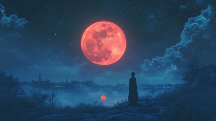 Naklejka premium Vibrant red moon glow behind pine trees in a tranquil night scene wallpaper image
