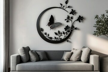 Modern black metal wall art with a butterfly perched on a crescent, surrounded by carefully crafted flowers and leaves. 