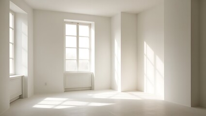 Fototapeta premium Minimalist white empty studio corner with sunlight and shadows from window