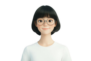 Smiling Asian cartoon character, young woman, female person with short black hair.
