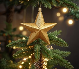 A glittery gold tinsel star hanging from the top branch of a miniature fir tree , tree decorations, miniaturized tree