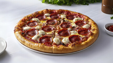 A freshly baked pizza with golden crust, melted mozzarella, and pepperoni slices,