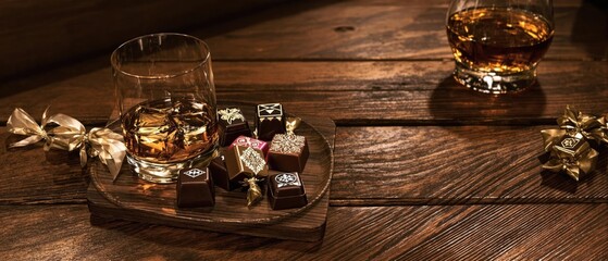 A glass of whiskey with ice cubes and a plate of assorted chocolates on a wooden bar counter, plate, counter