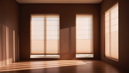 Minimalist brown empty studio corner with sunlight and shadows from window