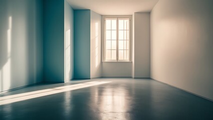 Obraz premium Minimalist blue empty studio corner with sunlight and shadows from window 