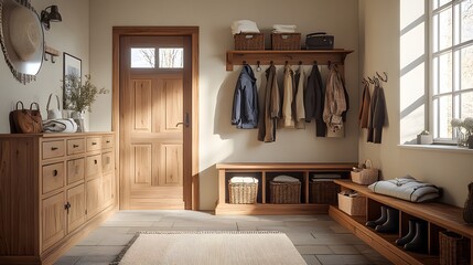Wooden entryway featuring a shelf and a coat rack for organized storage and decoration