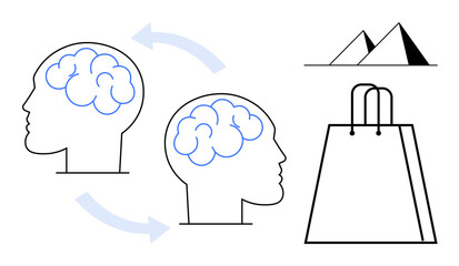 Two human brains connected by arrows, a pyramids and shopping bag in minimal line art style. Ideal for education, mental health, communication, travel, commerce, meditation and simplicity. Line
