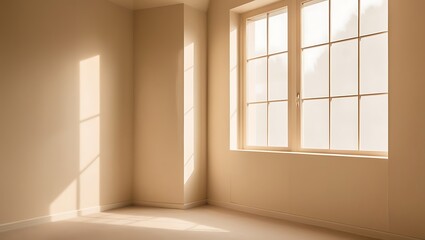 Minimalist beige empty studio corner with sunlight and shadows from window