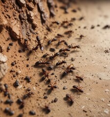 A group of ants crawling on a crumb dropped on the dirt floor, anthill, crumbs on ground, tiny creatures on floor