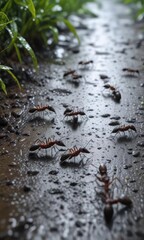 A group of ants crossing a flooded path under the rain, animal study, insects