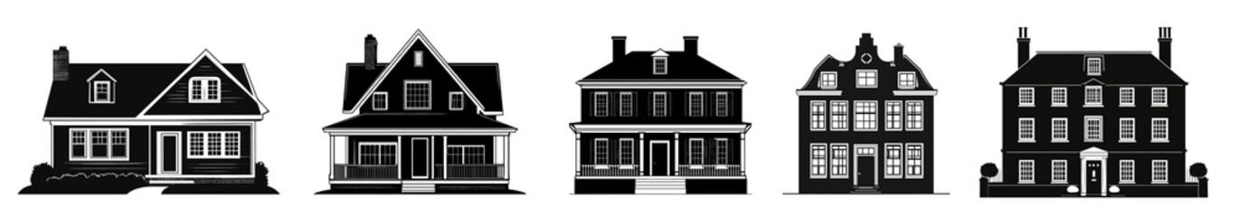 PNG Silhouettes of various house styles, element set on transparent background
