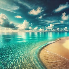 Stunning tropical beach scene with a crystal-clear turquoise ocean gently meeting the soft, golden sand