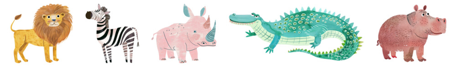 Fototapeta premium PNG Colorful illustrated safari animals, element set on transparent background