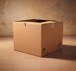 A large cardboard box on a plain brown surface, solo, isolation, everyday life