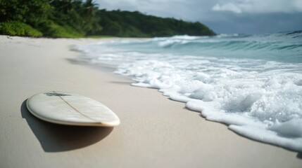 Surfboard on Tropical Beach: Idyllic Seascape