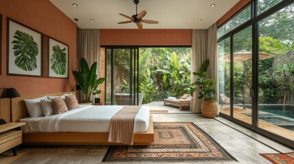 Fototapeta premium Tropical Bedroom with Pool and Garden View 