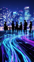 Dynamic Corporate Synergy: Abstract 3D Visualization of Business Elites in Round Table Discussion. Futuristic City Backdrop with Blue-Purple Light Streams Emphasizing Speed, Technology, and Collaborat