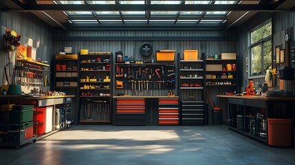 A well-organized garage filled with various tools and equipment for home improvement and repair projects
