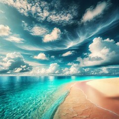 Stunning tropical beach scene with a crystal-clear turquoise ocean gently meeting the soft, golden sand