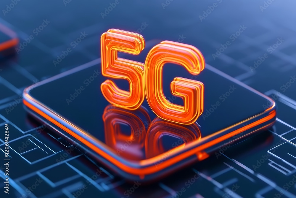 Poster 5g technology transformation represented on a sleek smartphone design with glowing graphics