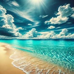 Stunning tropical beach scene with a crystal-clear turquoise ocean gently meeting the soft, golden sand
