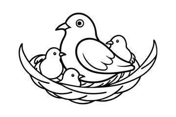 Line art illustration of a mother bird and her chicks in their cozy nest1.eps