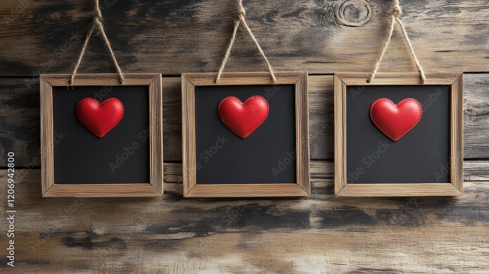 Poster three blank frames hanging on a wooden wall with red heart decorations and twine string for a rustic