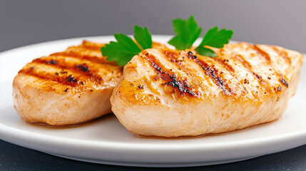 Two Grilled Chicken Breasts with Parsley Garnish on a White Plate