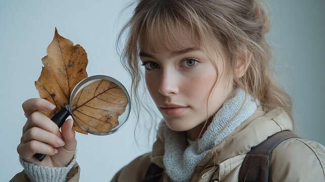a girl holding a leaf and a magni
