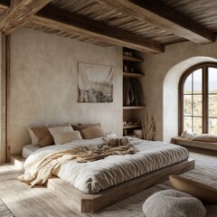 Rustic Bedroom Featuring Wooden Beams and a Platform Bed