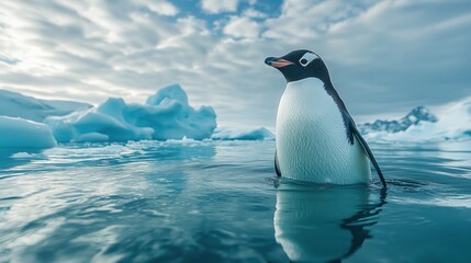 A penguin surrounded by floating icebergs under a crisp, clear sky, the water reflecting the brilliant blues and whites 