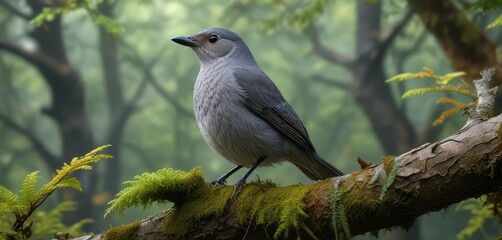A beautiful gray catbird resting on a gnarled branch with moss and leaves surrounding it, fine nature photograph, branch details