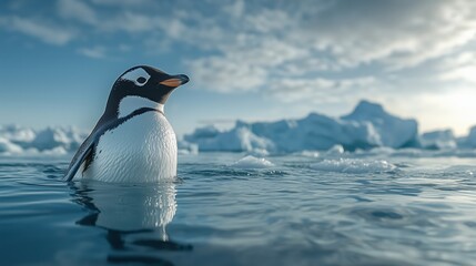 Obraz premium A penguin surrounded by floating icebergs under a crisp, clear sky, the water reflecting the brilliant blues and whites