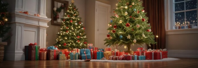 A beautifully decorated Christmas tree with gifts beneath it and sparkling lights around , christmas tree, decorations, twinkling string lights