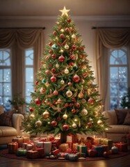 A beautifully decorated Christmas tree with many ornaments, winter wonderland, decoration, festive atmosphere