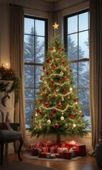 a beautifully decorated Christmas tree with ornaments and garlands in front of a window, decorated evergreen, twinkling lights