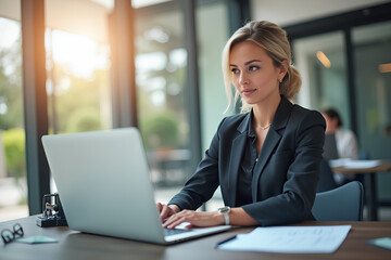 Busy young business woman executive using laptop in office. 