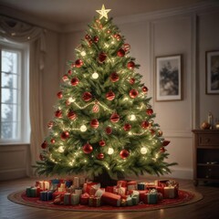 A beautifully decorated Christmas tree with ornaments, lights, and garlands, christmas tree, ornaments, pinecones