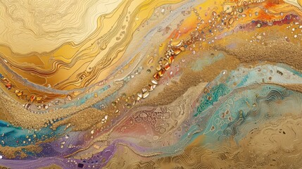 Fototapeta premium Abstract Gold and Turquoise Fluid Art Painting with Glitter and Texture