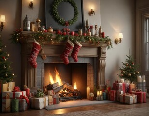 Obraz premium A beautifully decorated mantel with stockings and presents around the fireplace, cabin, presents, warm glow