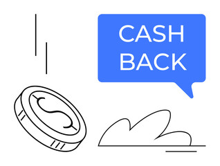Coin in motion beside blue speech bubble with CASH BACK text, abstract shapes. Ideal for finance apps, e-commerce, customer rewards programs, banking promotions, marketing materials, online shopping