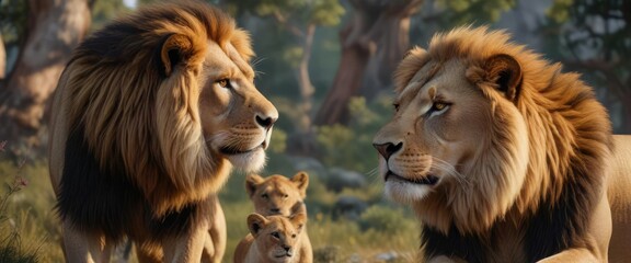 A big male lion looking lovingly at his petite female partner in the wilderness, animal friendship, lion pair