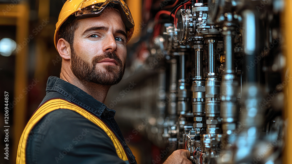 Poster an engineer conducting a safety inspection on a mechanical system, ensuring optimal performance and 