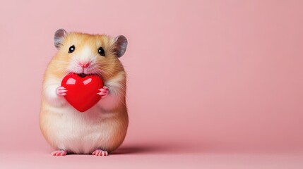 Adorable Hamster Holding Red Heart on Pink Background